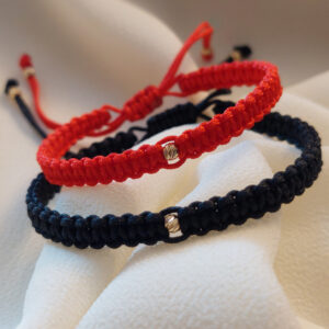 Set pentru El&Ea, brățări împletite, șnur roșu/negru reglabil cu biluțe din Aur 14K