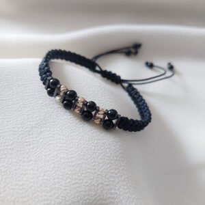 Brățară șnur negru împletit cu Onix, Hematit și biluțe din Aur 14K