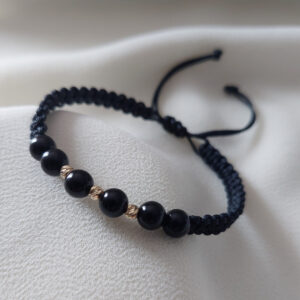 Brățară șnur negru împletit, Onix și biluțe din Aur 14K
