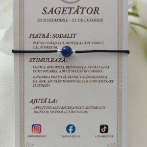 Brățară zodia Săgetător cu biluțe din Argint 925 și piatră semiprețioasă Sodalit, pe șnur negru