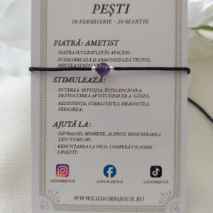 Brățară zodia Pești cu biluțe din Argint 925 și piatră semiprețioasă Ametist, pe șnur negru