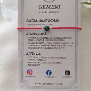 Brățară zodia Gemeni cu biluțe din Aur de 14K și piatră semiprețioasă Agat indian, pe șnur roșu