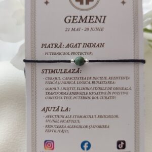 Brățară zodia Gemeni cu biluțe din Argint 925 și piatră semiprețioasă Agat indian, pe șnur negru