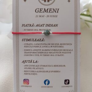 Brățară zodia Gemeni cu biluțe din Argint 925 și piatră semiprețioasă Agat indian, pe șnur roșu