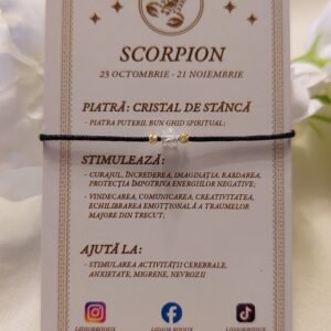 Brățară zodia Scorpion cu biluțe din Aur de 14K și piatră semiprețioasă Cristal de Stâncă, pe șnur negru