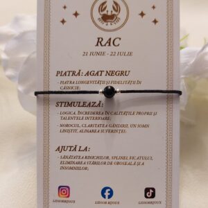 Brățară zodia Rac cu biluțe din Argint 925 și piatră semiprețioasă Agat negru, pe șnur negru