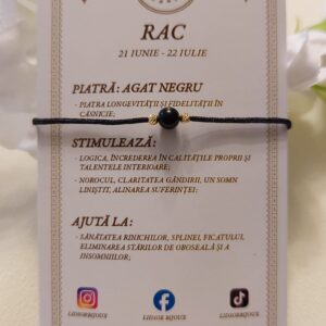 Brățară zodia Rac cu biluțe din Aur de 14K și piatră semiprețioasă Agat negru, pe șnur negru