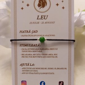 Brățară zodia Leu cu biluțe din Argint 925 și piatră semiprețioasă Jad, pe șnur negru