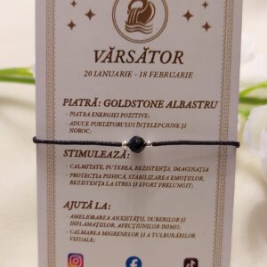 Brățară zodia Vărsător cu biluțe din Argint 925 și piatră semiprețioasă Goldstone albastru, pe șnur negru
