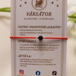 Brățară zodia Vărsător cu biluțe din Argint 925 și piatră semiprețioasă Goldstone albastru, pe șnur roșu