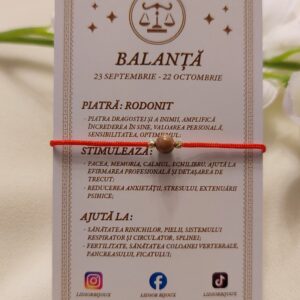 Brățară zodia Balanță cu biluțe din Aur de 14K și piatră semiprețioasă Rodonit, pe șnur roșu