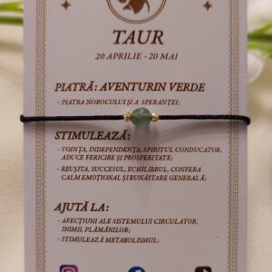 Brățară zodia Taur cu biluțe din Aur de 14K și piatră semiprețioasă Aventurin verde, pe șnur negru