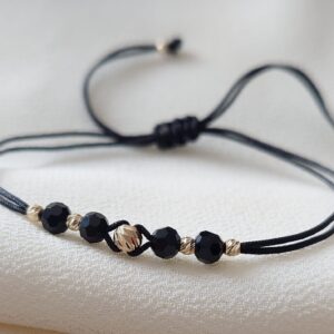 Brățară șnur negru, cristale și biluțe din Aur 14K