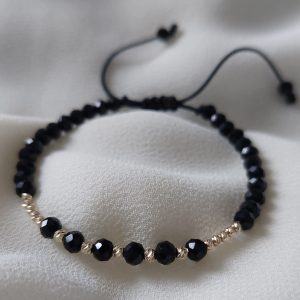 Brățară șnur negru, cristale negre și biluțe din Aur 14K