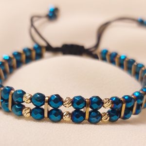 Brățară dublă cu Hematit albastru/auriu și biluțe din Aur 14K