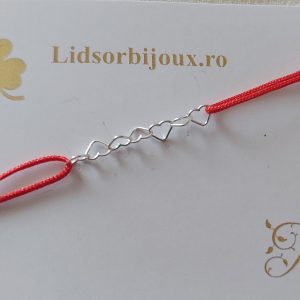 Brățară Mărțișor cu lanț cu inimioare din Argint 925, șnur roșu