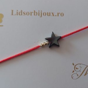 Brățară Mărțișor cu stea Hematit, 3 biluțe din Aur 14K, șnur roșu
