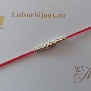 Brățară Mărțișor cu 9 biluțe din Aur 14K, șnur roșu