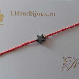 Brățară Mărțișor cu stea Hematit, o biluță din Aur 14K, șnur roșu cu auriu