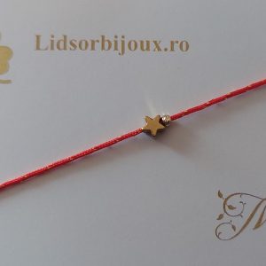 Brățară Mărțișor cu stea Hematit auriu, o biluță din Aur 14K, șnur roșu cu auriu