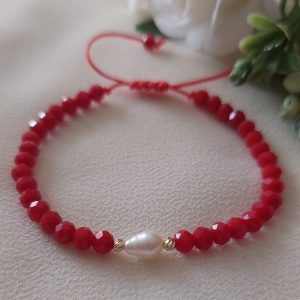Brățară cu cristale roșii, perlă de cultură și biluțe din Aur 14K
