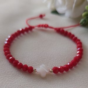 Brățară cu cristale roșii, trifoi sidef și biluțe din Aur 14K