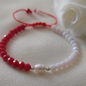 Brățară cu cristale albe/roșii, perlă de cultură și biluțe din Aur 14K